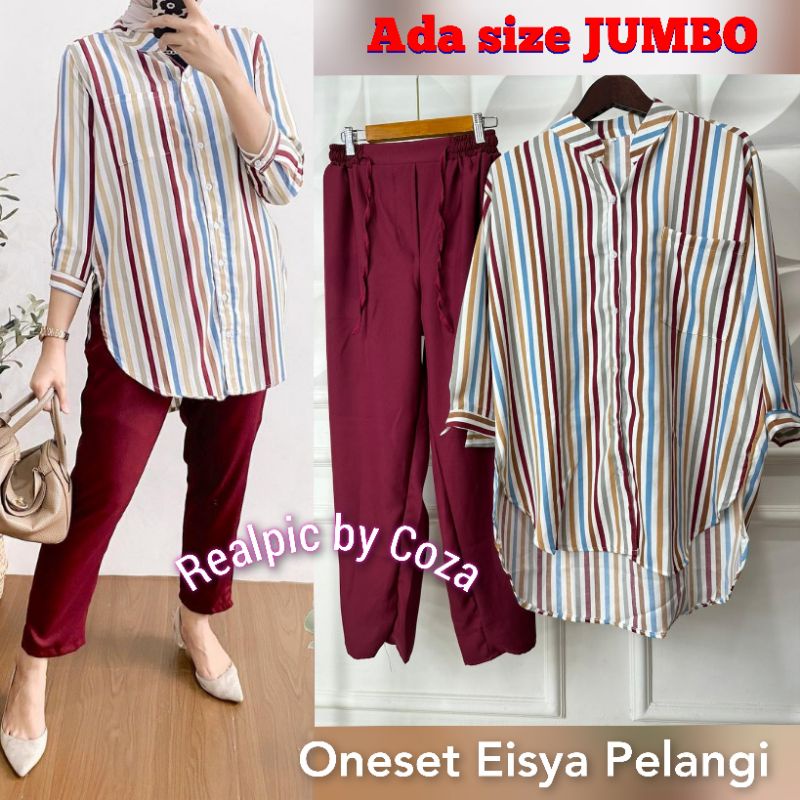 Oneset Eisya Pelangi Setelan Wanita Celana Pinggang Serut Motif Salur Garis Lurik Bahan Syakila Jumbo Up size BB 100kg Setrip