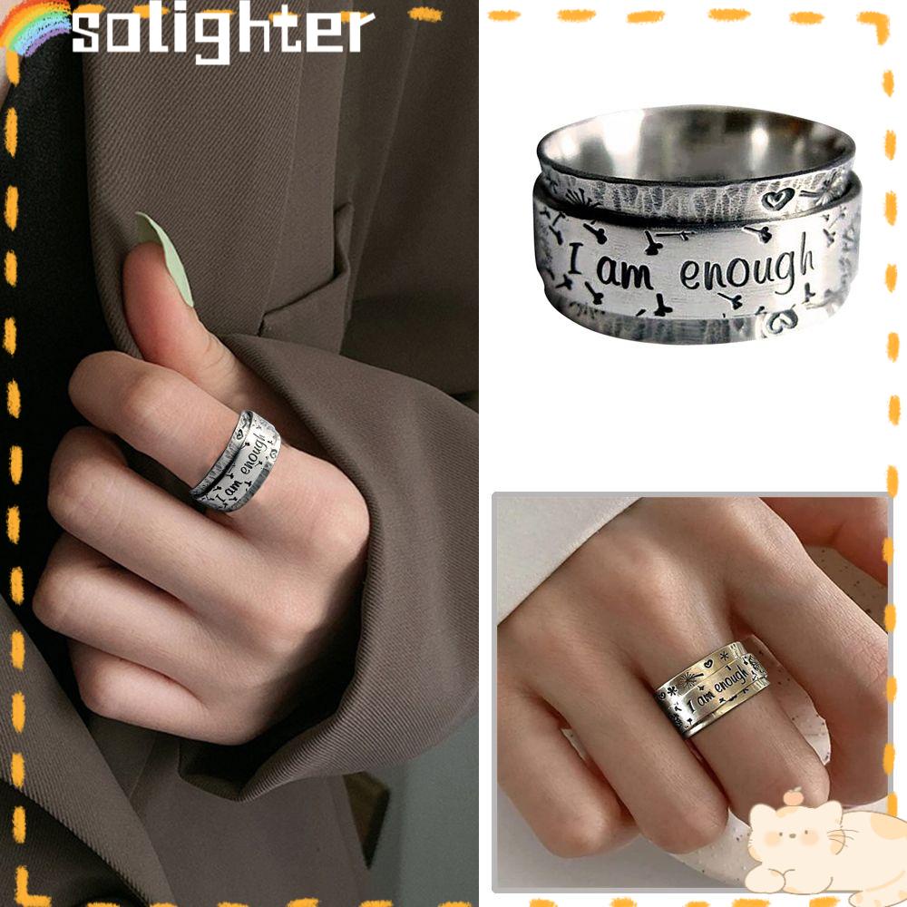 Solighter Dandelion Cincin Perak Lebar Band Meditasi Perhiasan I am enough Relief Gelisah &amp; Kecemasan Ukiran