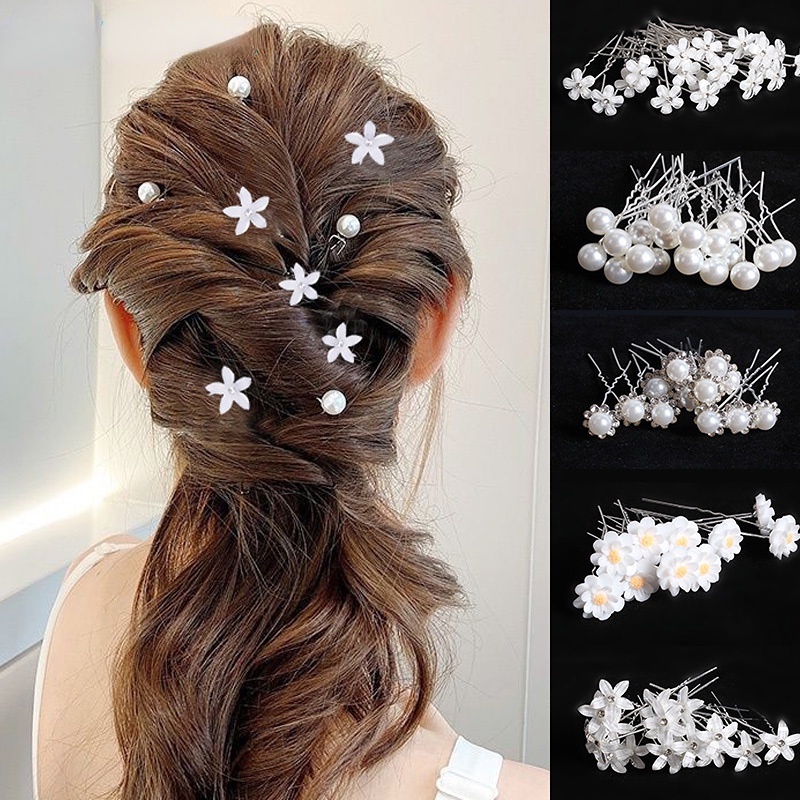 1-20 Pcs Berlian Imitasi Manis Kristal Bridal Vine Tiara Hairband French Fairy Hair Clip Flower Pearl U-shaped Pins Barrettes Wedding Hair Combs Aksesoris Perhiasan Elegan