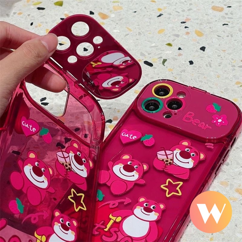 Flip Make Up Cermin Lembut Rose Red Case Kompatibel Untuk IPhone 7Plus 11 13 12 14 Pro Max XR 8Plus X XS Max SE 2020 Kartun Lucu Strawberry Bear Manyo Back Full Cover