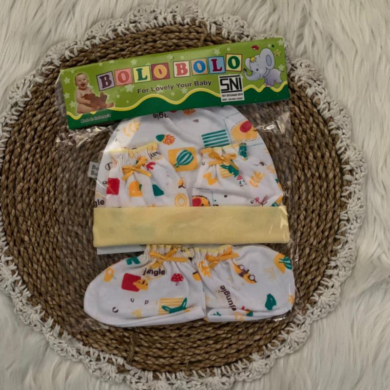 Topi Set Bayi + Sarung Tangan dan Kaki Bayi motif JUNGLE KOMBINASI NEWBORN |Fashion