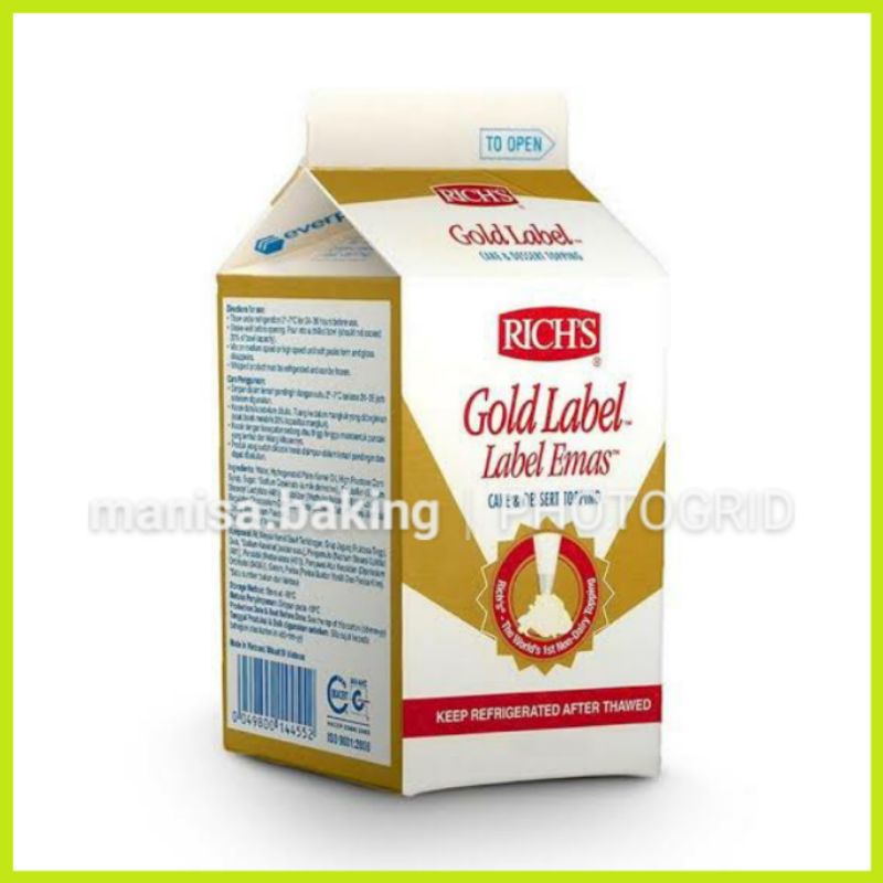 

RICHS GOLD LABEL 500 GR WHIPING CREAM CAIR RICH WHIP KRIM INSTANT TOPPING MILES CREPES DESSERT BOX