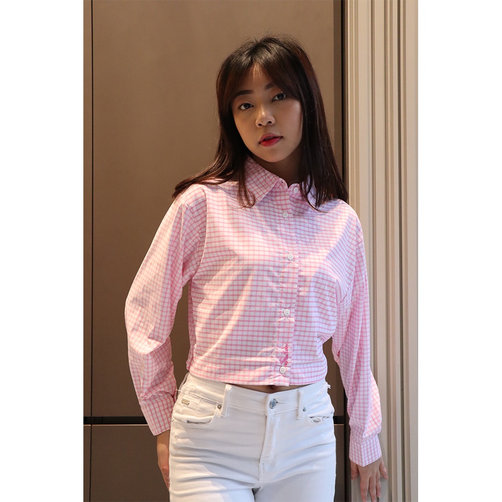Kemeja Missty Wanita Warna Pink Putih Motif Kotak Lengan Panjang Casual Formal (Kalmia 185)