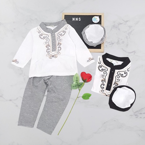 baju anak laki laki  Baju Muslim Koko Aqiqah Anak Bayi Laki-Laki Bordir Set Peci - Hitam(F9K9) setel
