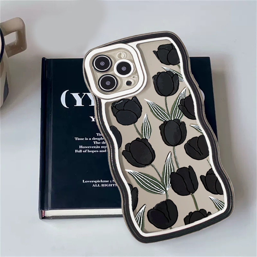 Soft Case OPPO A17 A57 2022 A16 A16K A15 A54 A12 A5S A7 A94 A93 A3S A11k A53 A31 A52 A92 A37 F9 A1K A76 A36 5F A9 2020 NFC Hitam Tulip Gelombang Pinggir Fasion TPU Silikon Phone Cover