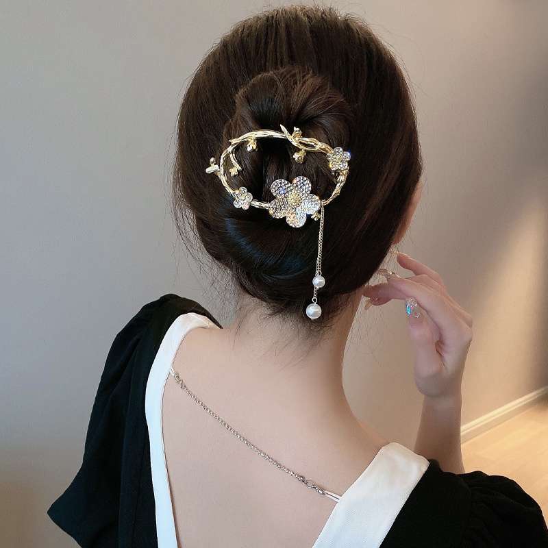 Fashion Berlian Imitasi Mutiara Vine Bunga Rambut Cakar/Simulasi Mutiara Rumbai Lilit Rambut Klip/Wanita Ponytail Dekorasi Aksesoris Rambut