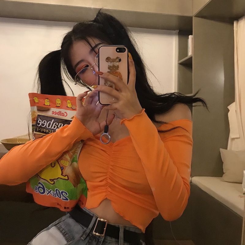 Red 2023 Baru Super Api In Jamur Sisi Kerah Off-Shoulder Pendek Lengan Panjang Top Slim Fit Tipis bocor Pusar T-shirt