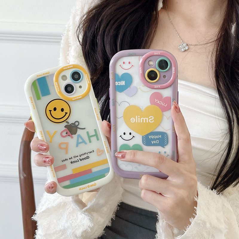 Happy Smile Label Soft Case HP iP iPhone 11 12 13 14 Pro Max Baru Puff Casing Apple