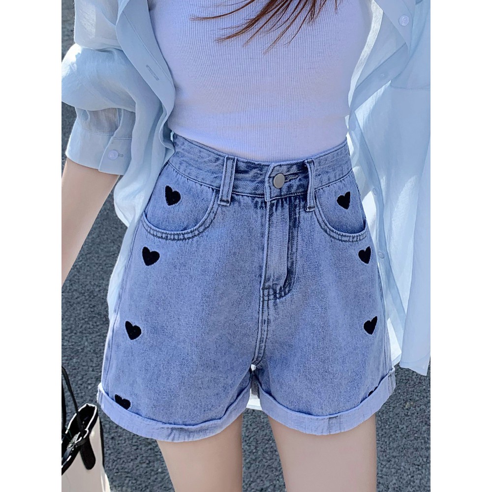 Short Pants High Waist Rubber Hot Pants Sablon Motif Love - Hotpants LoveCelana Pendek Jeans Wanita Korea Style Motif Bordir Love terbaru kekinian