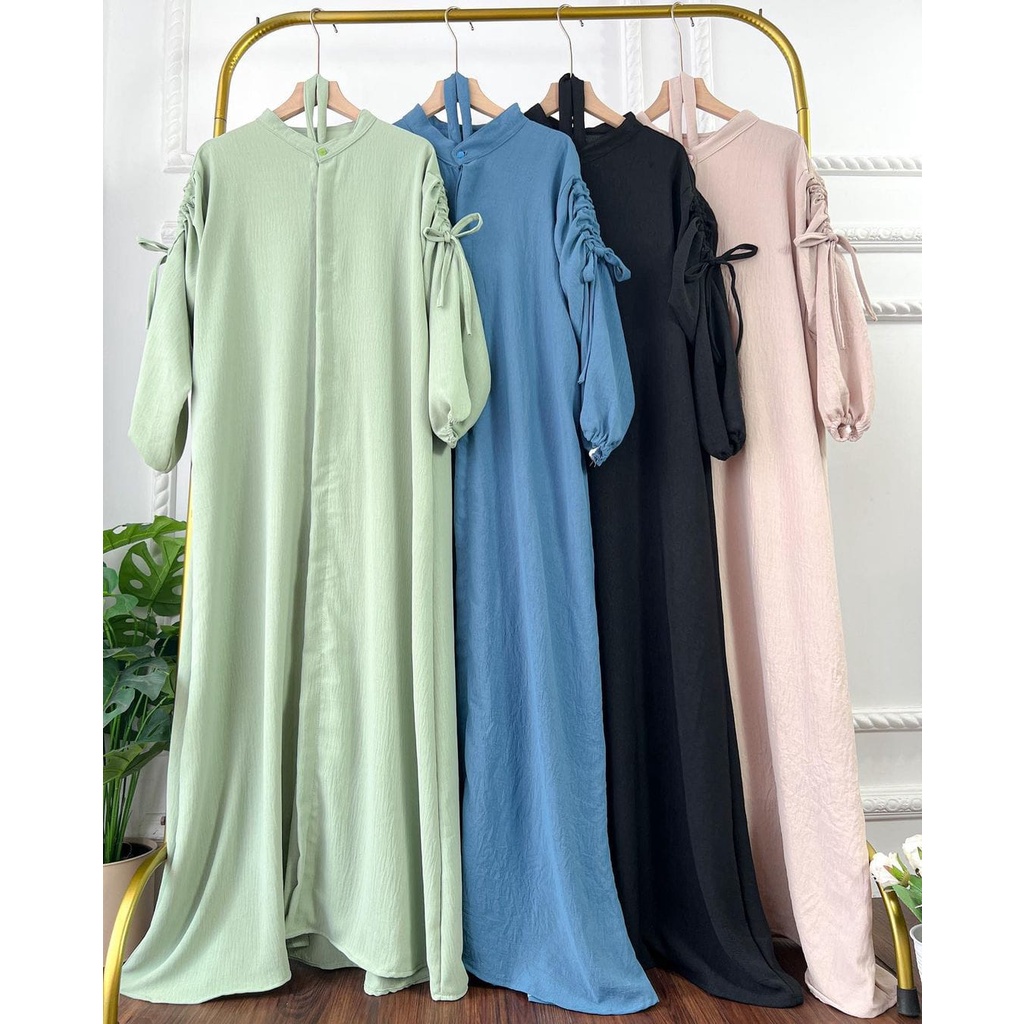 Dress Crincle Airflow Tali Serut Bahu Larisa Gamis Polos Wanita Kekinian