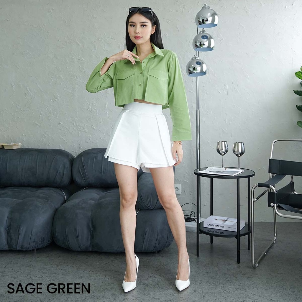 Kemeja Crop Top Lengan Panjang Pocket Riu Blouse Wanita