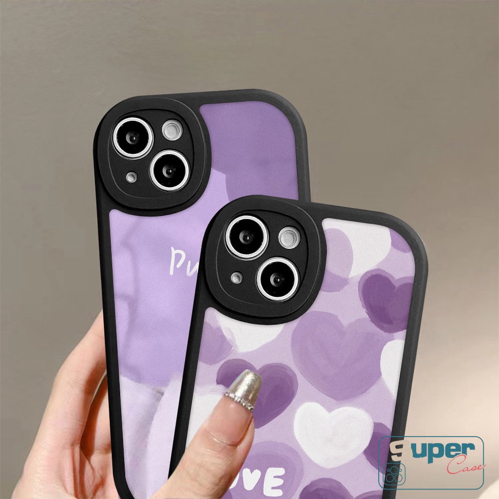 IPHONE Penutup Belakang Lukisan Minyak Kompatibel Untuk Iphone11 14 13 12 Pro MAX XR X XS MAX 6 6s 8 7 14 Plus SE 2020 Ungu Cinta Hati Case Blok Warna Soft Silicon TPU Phone Case