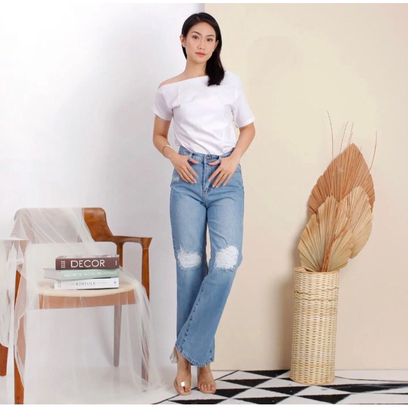 Celana panjang jeans highwaist wanita kulot sobek - jeans korea import - jeans boyfriend - loose jea