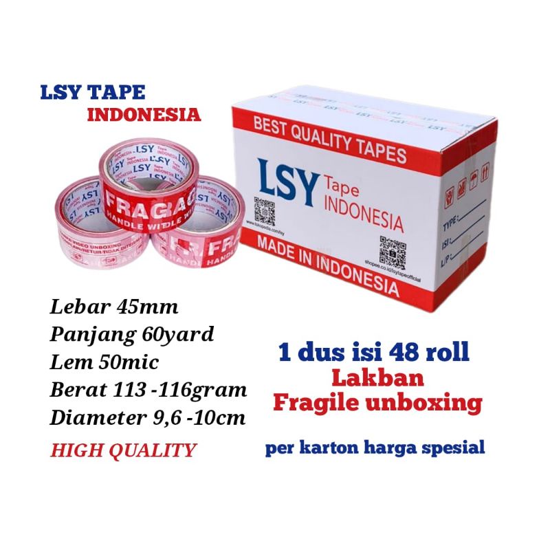 

lakban fragile unboxing mix 60yard 1 dus isi 48 roll LSY TAPE INDONESIA ( CBM )