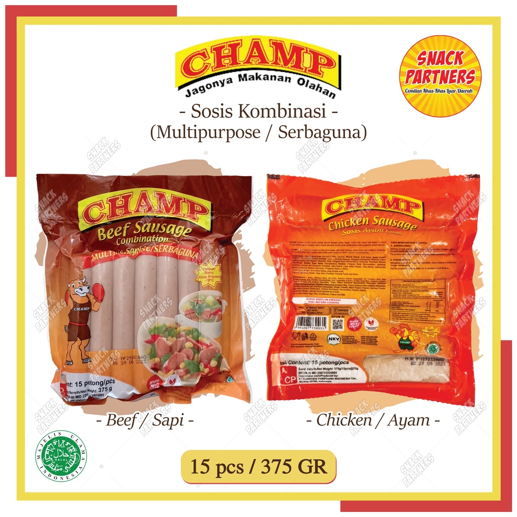 

CHAMP Sosis Sapi dan Ayam Kombinasi Serbaguna / Beef Sausage Combination Multipurpose 15 PCS / 375 GR - FROZEN FOOD