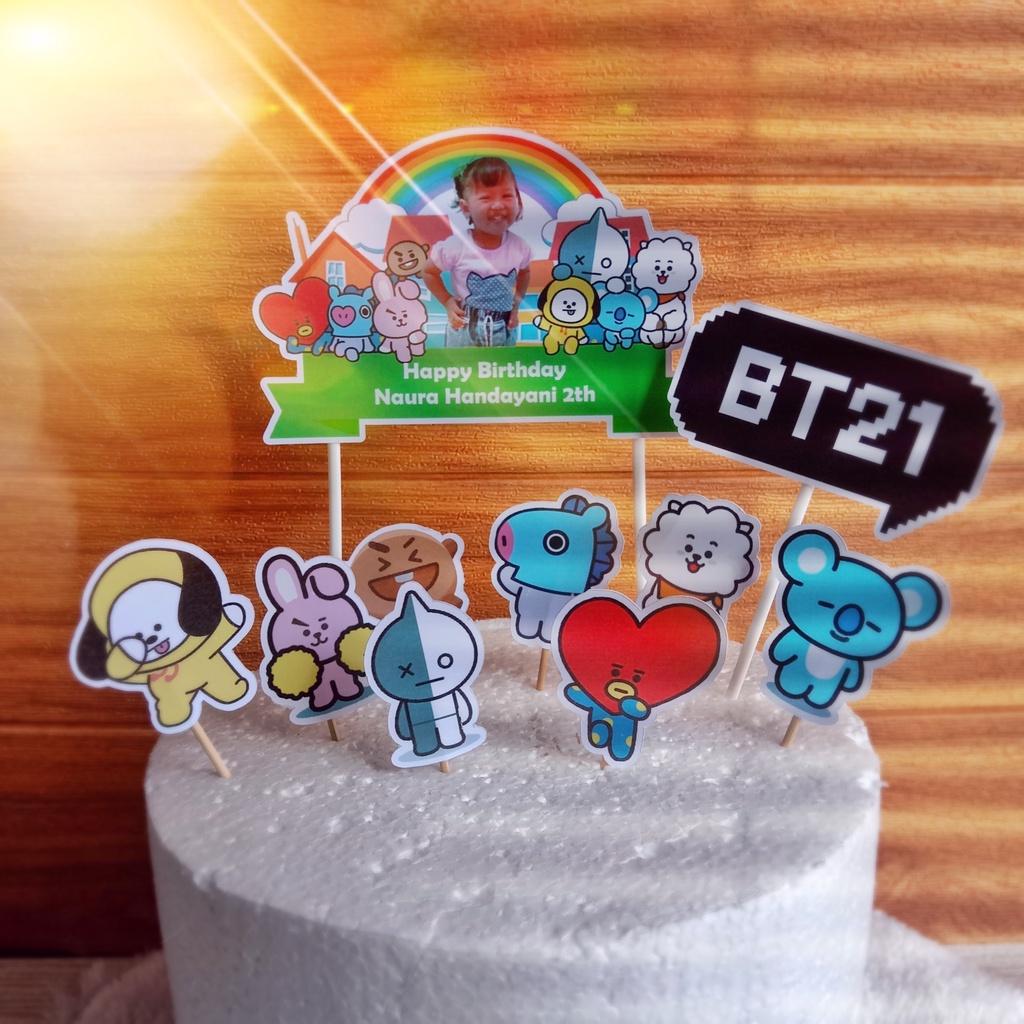 Topper Cake BT21 Custom Foto dan Nama untuk Dekorasi / Hiasan Kue Ulangtahun dan Cupcake
