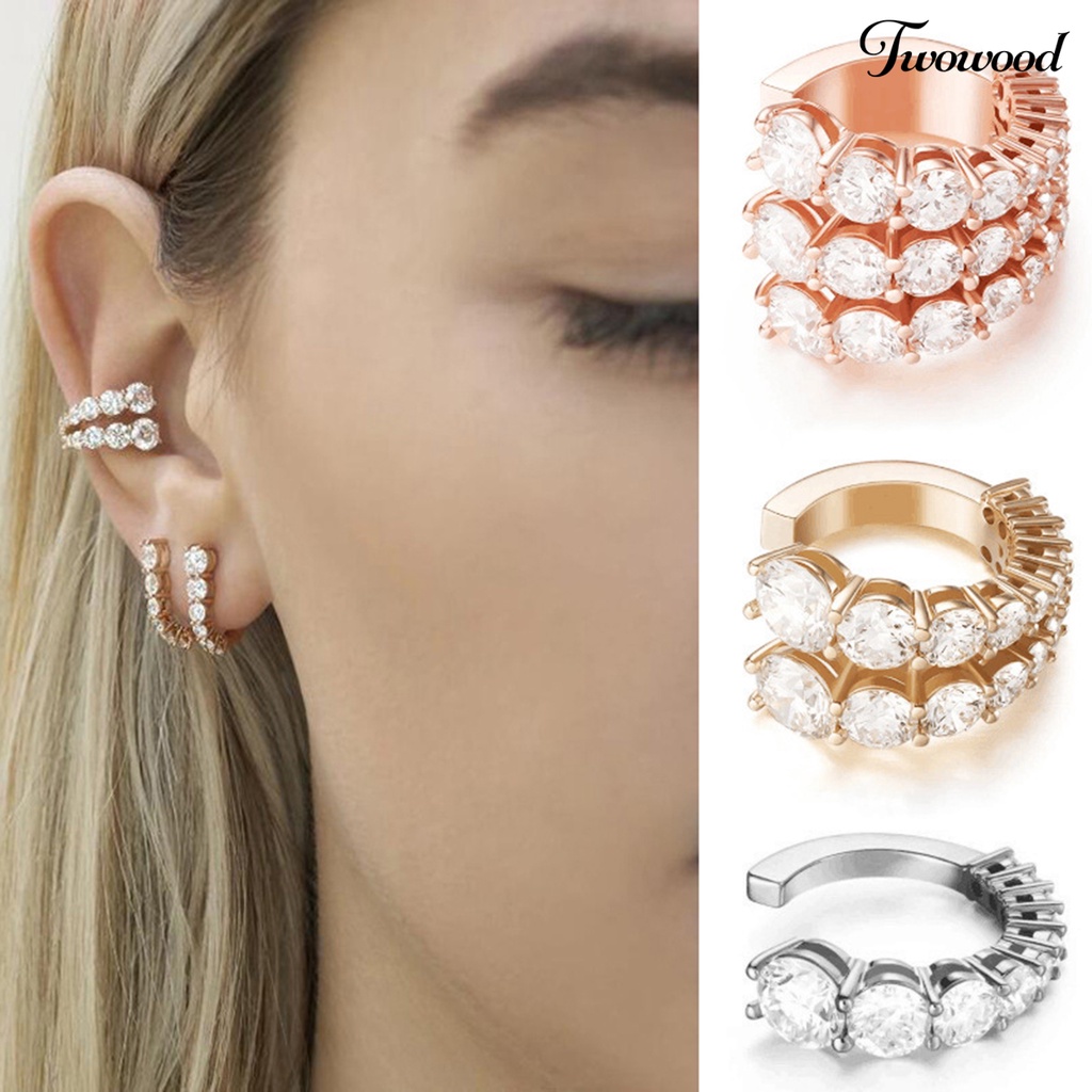 Twowood 1Pc Women Earring Sparkling Faux Diamond Design Shiny Efek Visual Multi-layer Semua Pertandingan Hias Warna Hidup Wanita Clip on Earring Hadiah Perhiasan Non-Piercing Untuk Wanita