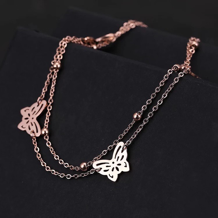 Gelang Kaki Bahan Stainless Steel Lapis Ganda Aksen Kupu-Kupu Warna-Warni Untuk Wanita Butterfly