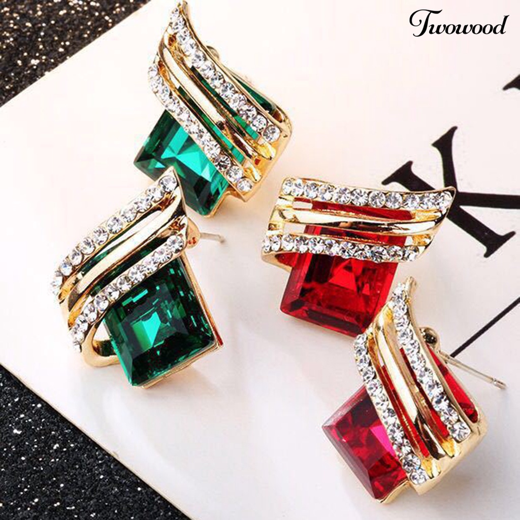 Twowood 1pasang Ear Studs Rhinestone Geometric Electroplating Luxury High Gloss Hiasan Telinga Perhiasan Kristal Imitasi Engagement Earrings Hadiah Anniversary