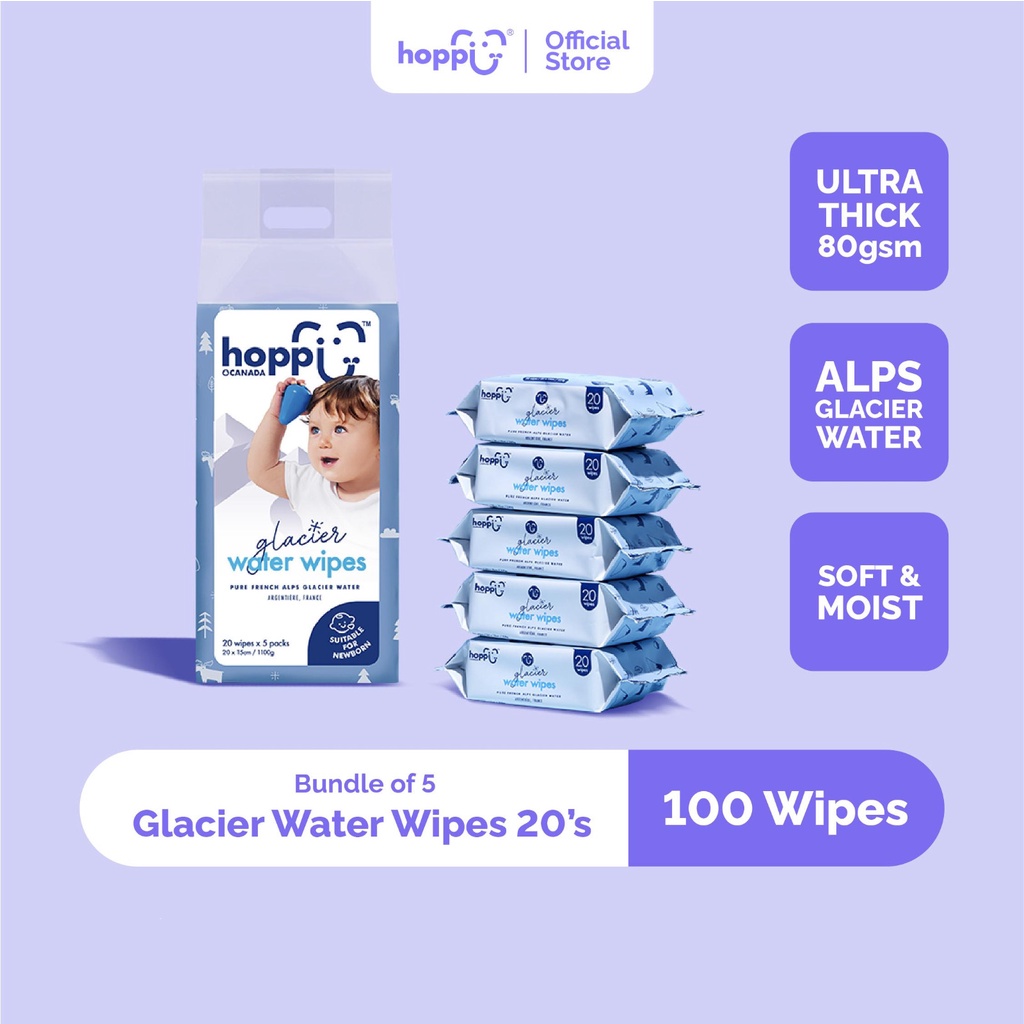 Tisu Basah Bayi Air Gletser Lembut HOPPI dan Tebal 20s Bundle 5in1 HB008