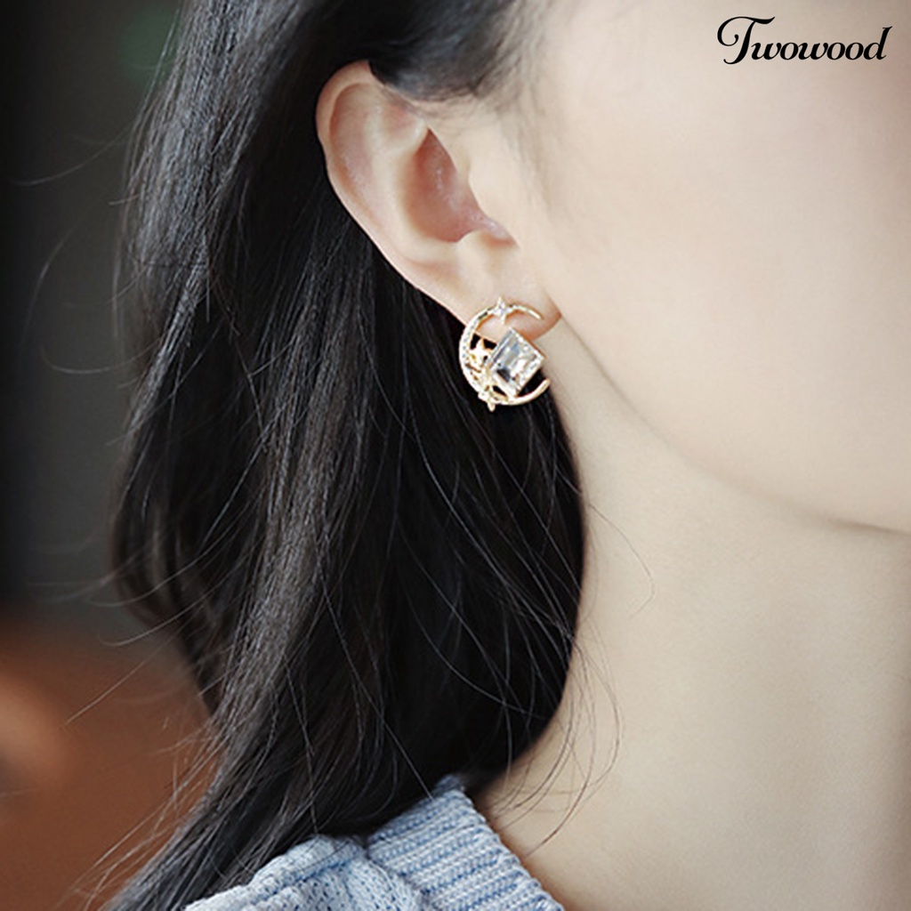 Twowood 1pasang Ear Studs Sparkling Gaya Korea Anti-Oksidasi Friendly Terhadap Kulit Tidak Iritasi Hias Alloy Wanita Bintang Bulan Stud Earrings Perhiasan Decor Untuk Lady