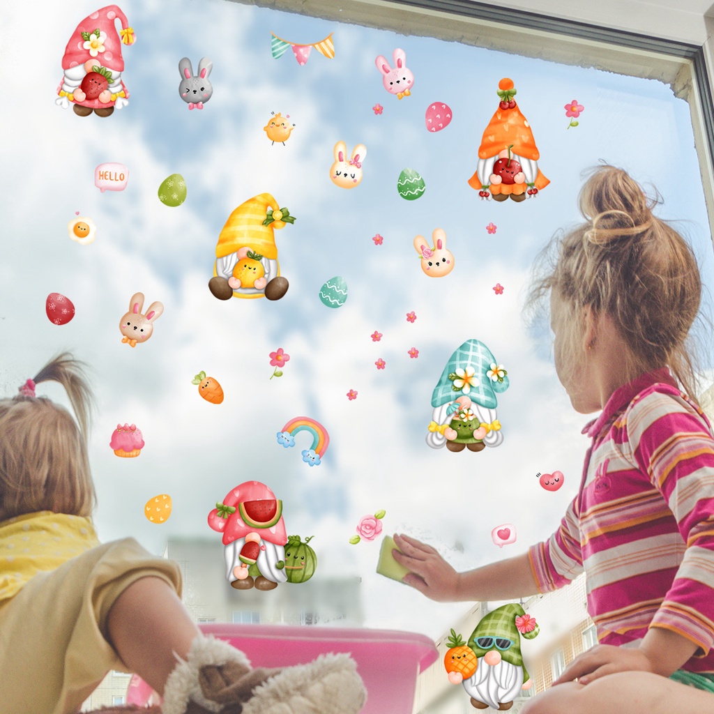 Easter Bunny Dwarf Window Glass Decals Dekorasi Jendela Kamar Anak Kartun Stiker Dinding