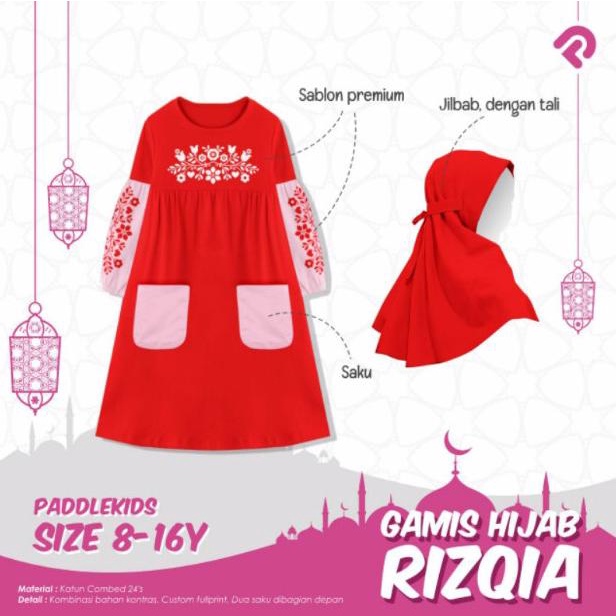 BAJU GAMIS HIJAB RIZQIA PADDLE KIDS RED FLORAL ANAK PEREMPUAN