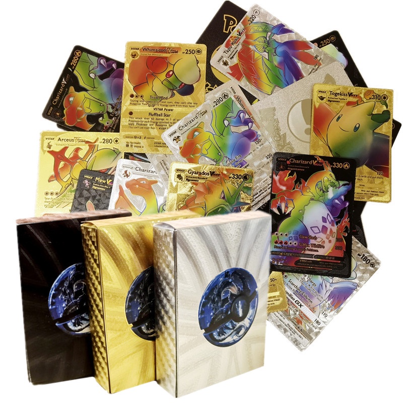 55pcs/box Kartu Rainbow Pokemon Gold Vmax GX EX Silver Hitam Flash Card English Battle Trainer Booster Game Cards