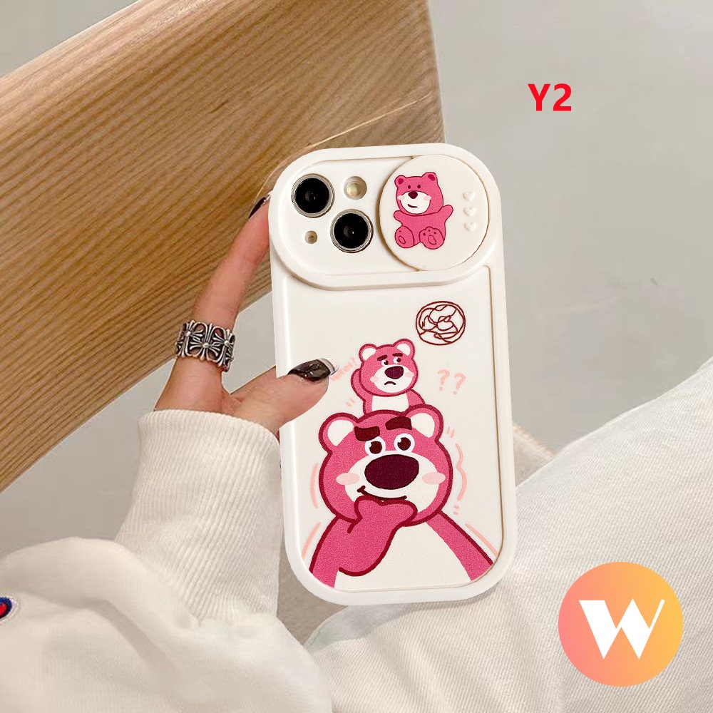 IPHONE Kartun Pasangan Case Kompatibel Untuk Iphone11 13 12 Pro Max 7Plus XR 6Plus X XS Max Cute Strawberry Bear Manyo Winnie the Pooh Pull Push Window Pelindung Kamera Soft Cover