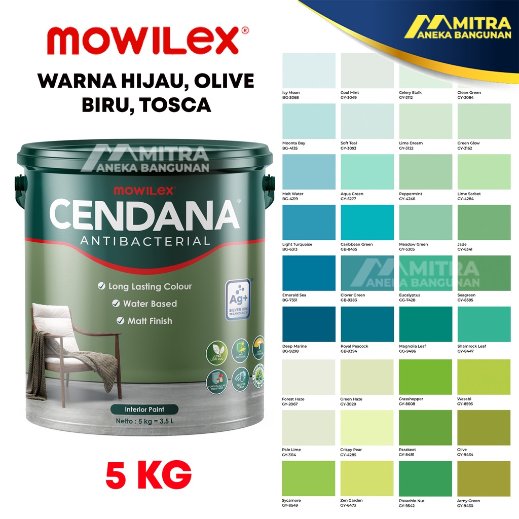 CAT TEMBOK MOWILEX CENDANA ANTIBACTERIAL 5 KG / KATALOG PUTIH HIJAU SAGE GREEN TOSCA BIRU OLIVE