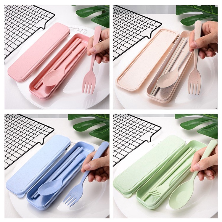 Set Alat Makan Korea Sendok Garpu Sumpit Wheat Straw Set Travel Plastik