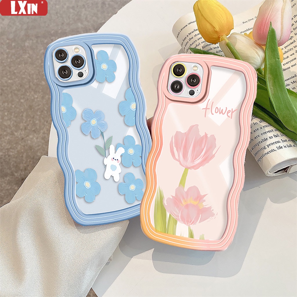 IPHONE Case Fashion Kompatibel Untuk Iphone11 13 14 13 Pro MAX IPhone7 8plus 6s Plus XR 14 Plus XS MAX SE Wavy Edge Lukisan Minyak Bunga Cinta Hati Kelinci Bening TPU Soft Cover BY