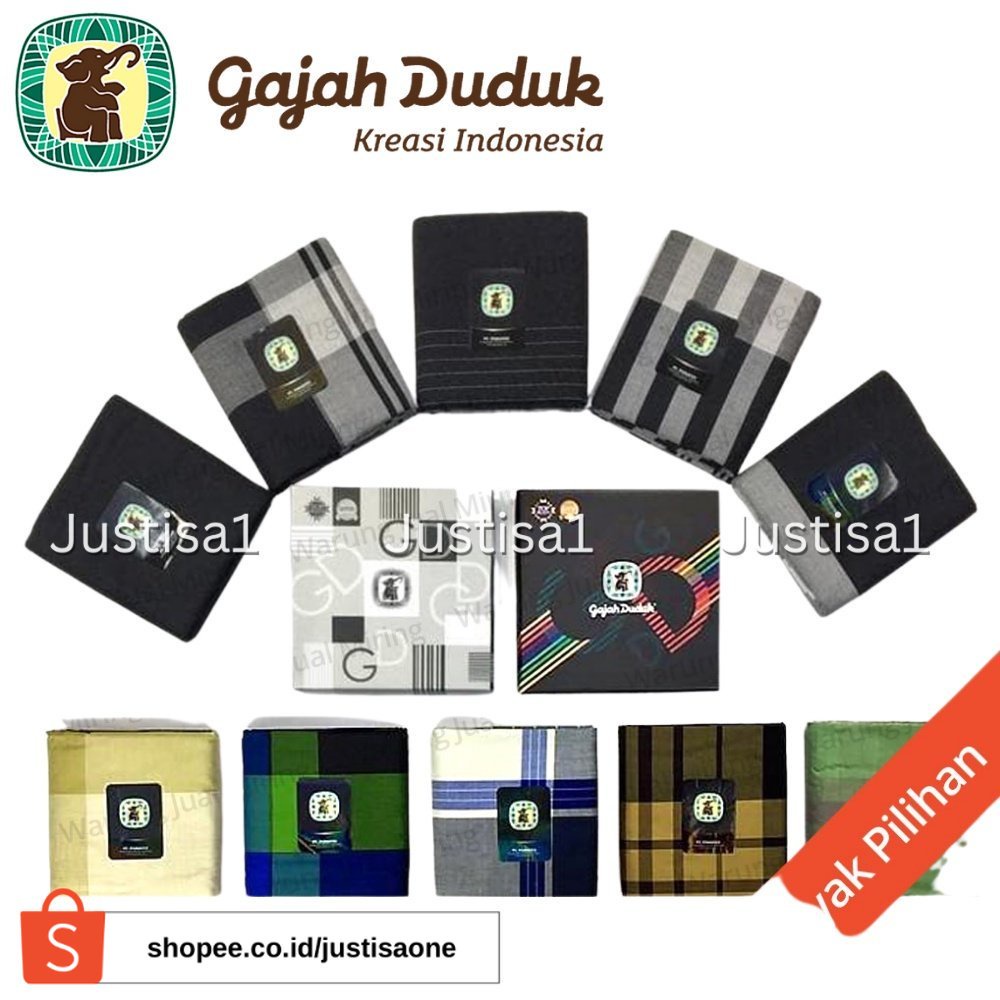 Sarung GAJAH DUDUK Aneka Motif - Kain Sarung Tenun Pria Dewasa Laki Cowok Sholat Cap Hitam Putih Warna Biru Hijau Merah Abu Sholat Solat Shalat Murah Promo Grosir Premium Eksklusif Souvenir Pesantren Polos Kotak Dus Garis Tumpal Remaja Dewasa Pria Laki