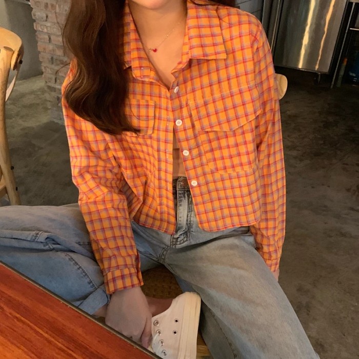 Baju Kemeja Model Crop Top Motif Kotak-Kotak untuk Orange L Kemeja Wanita Lengan Panjang Polos Kekinian Terbaru Fashion Tunik OOTD U7T2 Casual  Atasan Cewek Baju Kemeja Cewek Blouse Baju Atasan Wanita Kameja Kerja Premium Bisa COD Terlaris Korea Vir