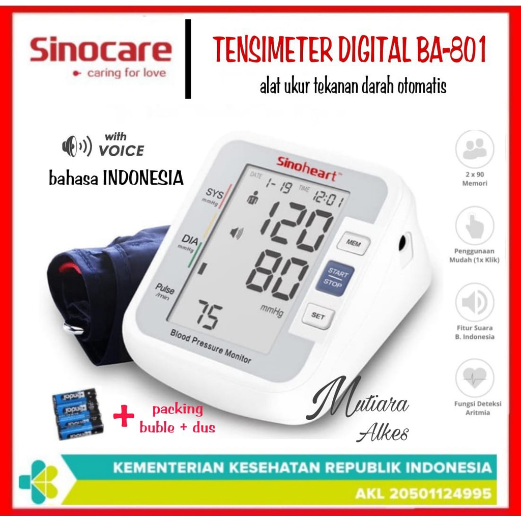 Tensi Digital SINOHEART / Alat Cek Tekanan Darah / Tensimeter SINOCARE BA 801