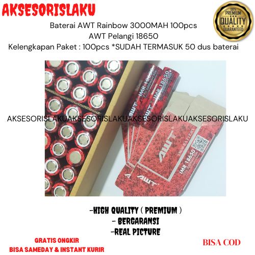 Baterai AWT Rainbow 3000MAH 100pcs - AWT Pelangi 18650