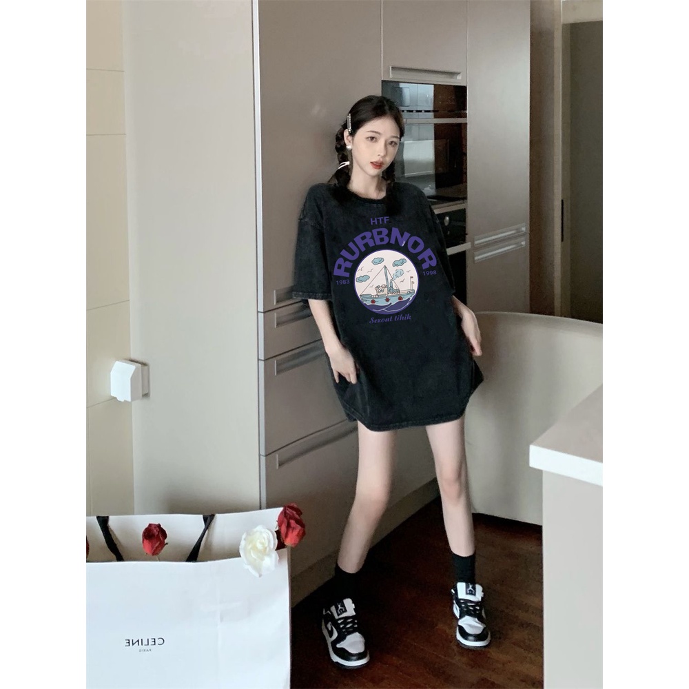 XIAOZHAINV Korean Style Ship Pattern Washed Printing Kaos Wanita