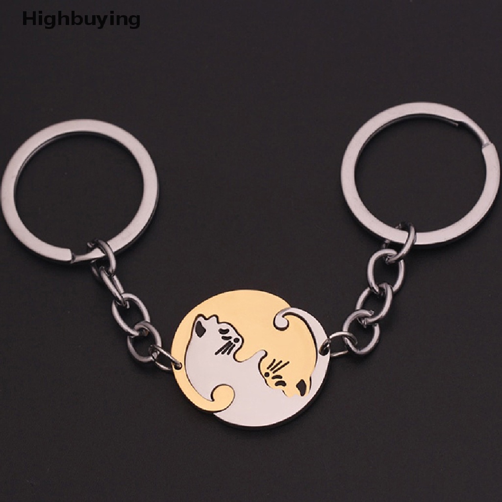 Hbid 1pasang Lucu Kucing Hitam Gantungan Kunci Patchwork Hati Bulat Pasangan Pecinta Keyring Stainless Steel Ransel Kunci Mobil Gantungan Perhiasan Glory