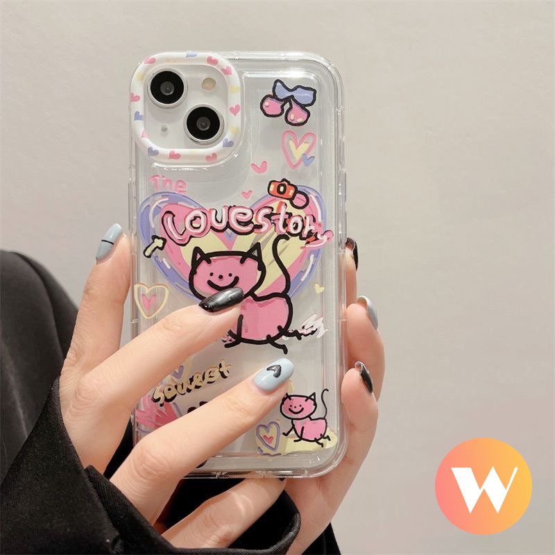 IPHONE Ins Graffiti Phone Case Kompatibel Untuk Iphone11 13 12 14 Pro Max XR X7 8 6s 6 Plus XS Max SE 2020 Lucu Kartun Cinta Hati Kucing Lembut Silicon TPU Airbag Shockproof Clear Cover