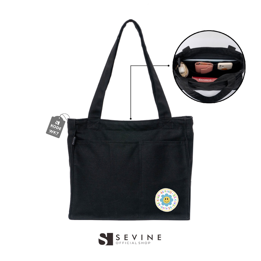 Sevine Totebag Kanvas Rebecca Tas Wanita Tote Bag Kuliah Sekolah Sekat Laptop Hitam Elegan Aesthetic - WK