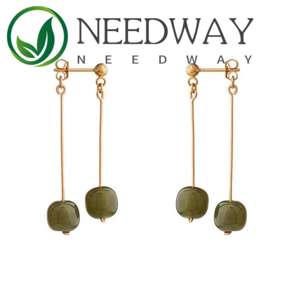 Needway  Wanita Menjuntai Anting Geometris Sederhana Imitasi Giok Gaya Kuno Tembaga Hanfu Aksesoris Fashion Hoop Earrings