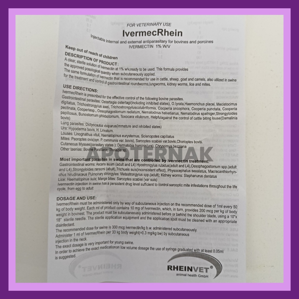 Obat LSD IVERMECRHEIN 50 ml RHEINVET | obat Gudik Cacing Caplak Tungau kutu | nova mectin wormectin bremamectin veta mectin