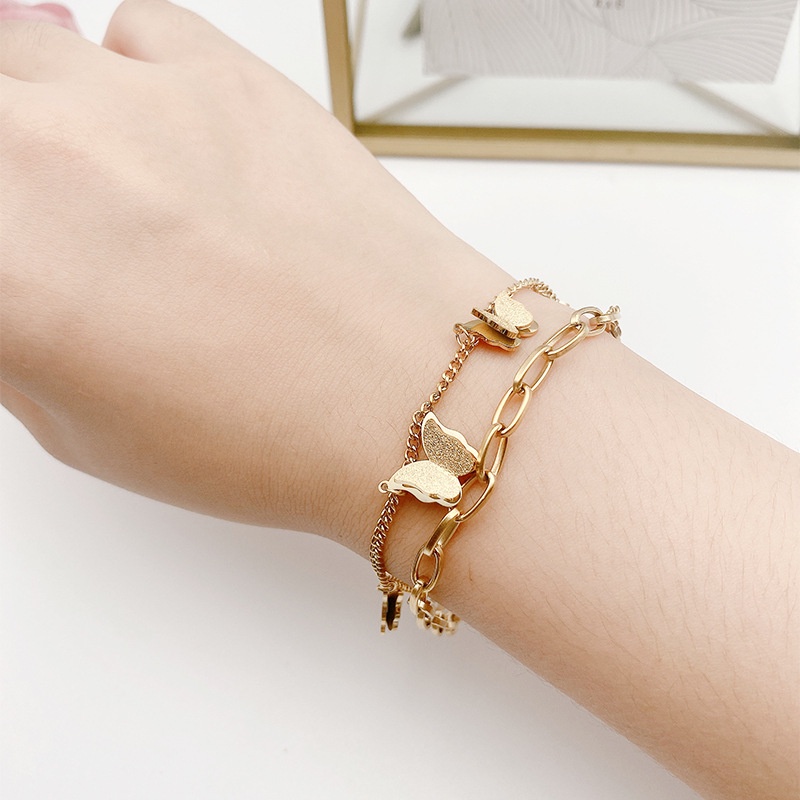 Gelang Rantai Butterfly Double Layer Bahan Titanium Steel Plated 18k Rose Gold Silver Tahan Air Gaya Eropa Amerika Untuk Wanita