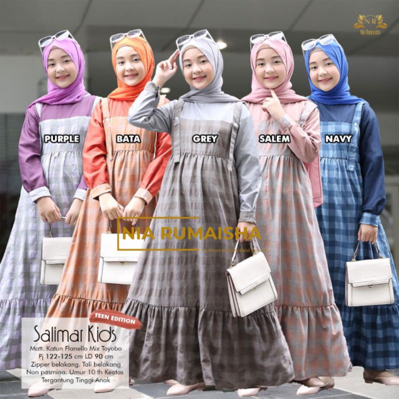 Salimar Kids Ori Nia Rumaisha Bahan Katun Motif Kotak | Gamis anak remaja lebaran syari