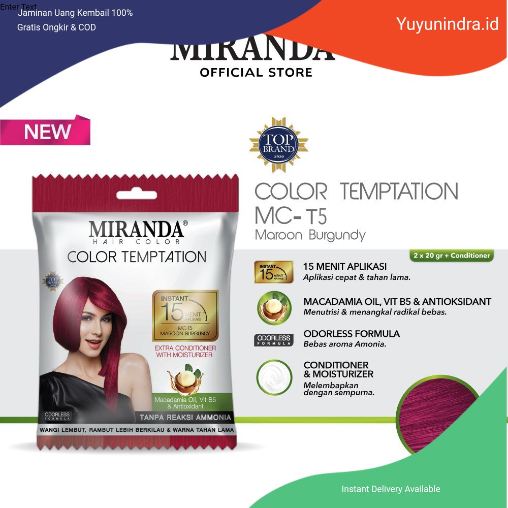 Miranda Hair Color Temptation MCT5 Maroon Burgundy 20ml (Cat Pewarna Rambut Sachet Instan 15 Menit)