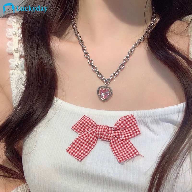 YEEZII Shiny Pink Zircon Pendant Necklace Choker Untuk Wanita Rantai Perak Berongga Kalung Perhiasan Aksesoris