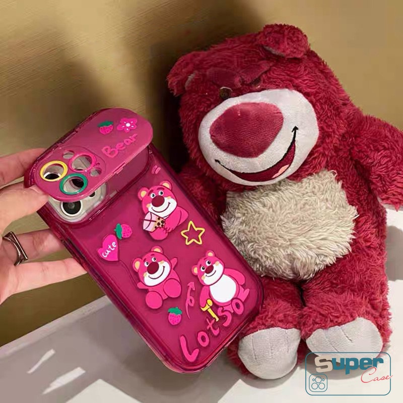IPHONE Casing Ponsel Cermin Make Up Flip Kreatif Kompatibel Untuk Iphone11Xr X13 12 14 Pro Max7 8 14 Plus XS MAX SE Kartun Lucu Strawberry Bear Manyo Lembut TPU Rose Red Silicon Case