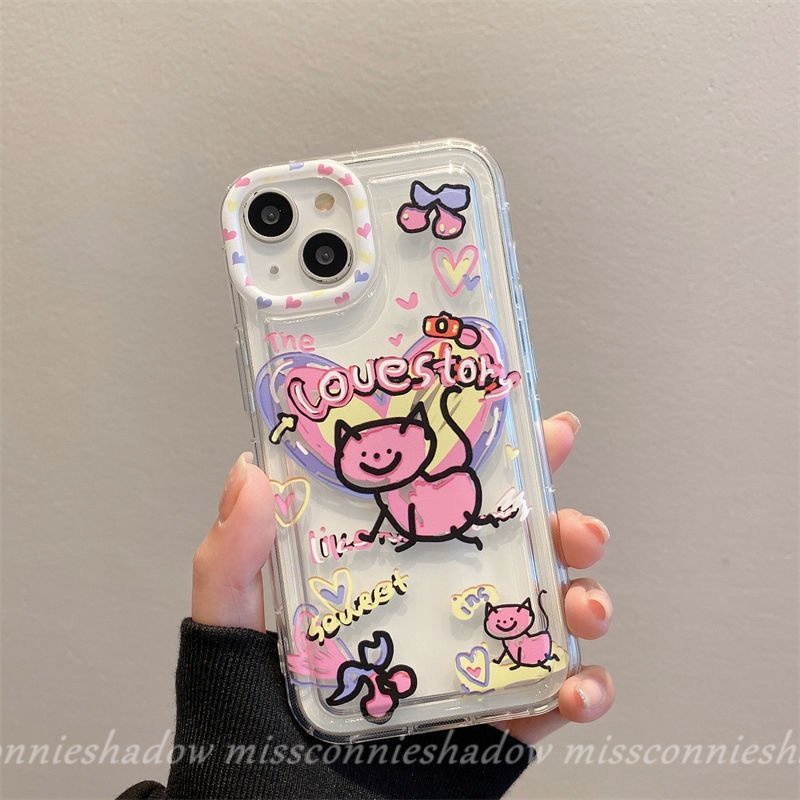 IPHONE Casing Ponsel Kucing Kartun Lucu Kompatibel Untuk Iphone7 8 6s 6 Plus11 13 12 14 Pro Max XR X XS Max SE 2020 Ins Graffiti Cinta Hati Bening Lembut Silicon TPU Airbag Shockproof Cover