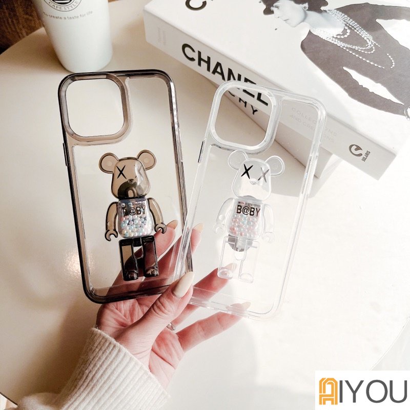 IPHONE Clear Violent Bear Holder Dengan shell Luar Angkasa Bening Mewah Casing Ponsel Untuk Iphone11 12 13 14 Pro Max X Xs XR 7 8 Plus SE 2 3 10 Penutup Bumper Transparan Kristal