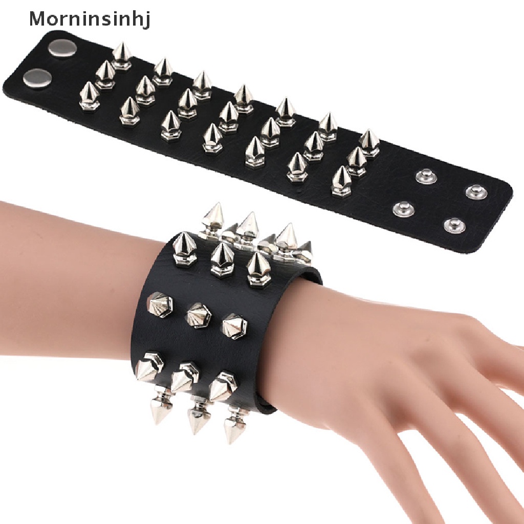 Mornin Tiga Baris Rivet Stud Manset Lebar Kulit PU Punk Gothic Rock Gelang Hadiah id